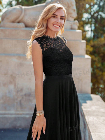 MIUSOL Lace Panel High Low Hem Chiffon Bridesmaid Dress