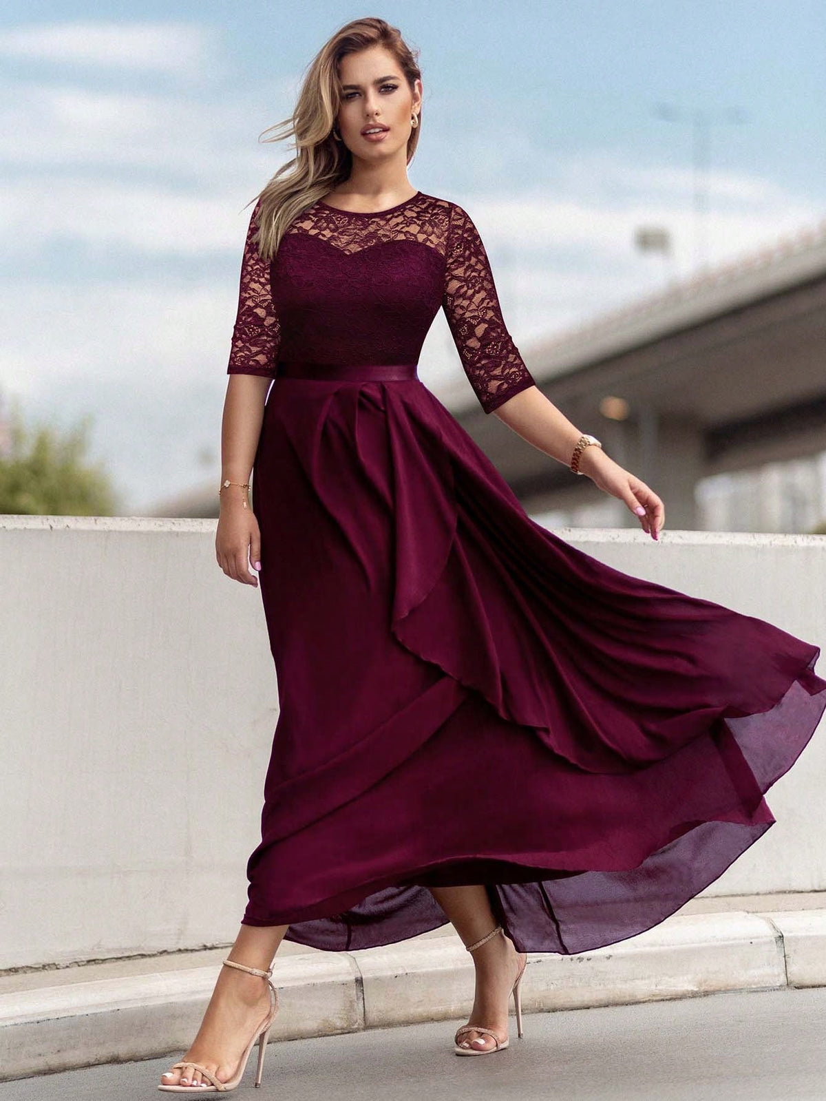 MIUSOL Lace Yoke Ruffle Trim Chiffon Formal Dress