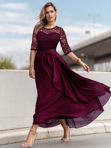 MIUSOL Lace Yoke Ruffle Trim Chiffon Formal Dress