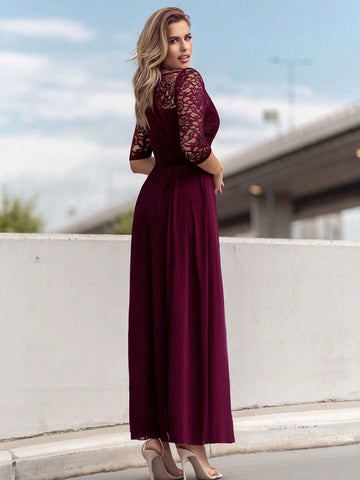 MIUSOL Lace Yoke Ruffle Trim Chiffon Formal Dress