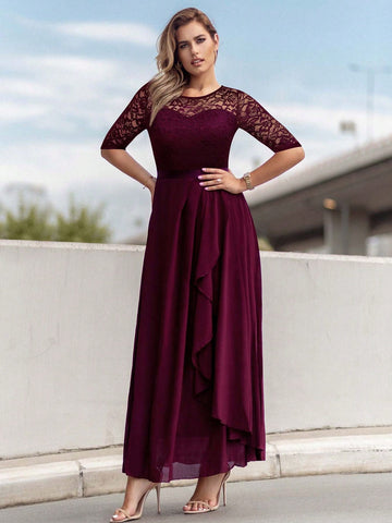 MIUSOL Lace Yoke Ruffle Trim Chiffon Formal Dress