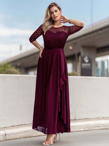 MIUSOL Lace Yoke Ruffle Trim Chiffon Formal Dress