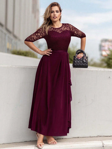 MIUSOL Lace Yoke Ruffle Trim Chiffon Formal Dress