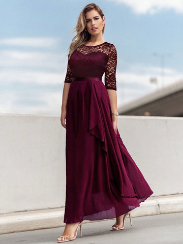 MIUSOL Lace Yoke Ruffle Trim Chiffon Formal Dress