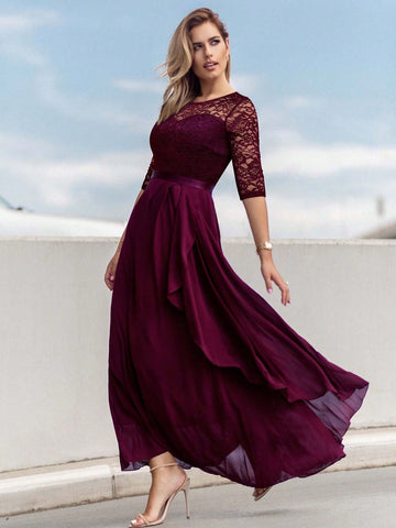 MIUSOL Lace Yoke Ruffle Trim Chiffon Formal Dress