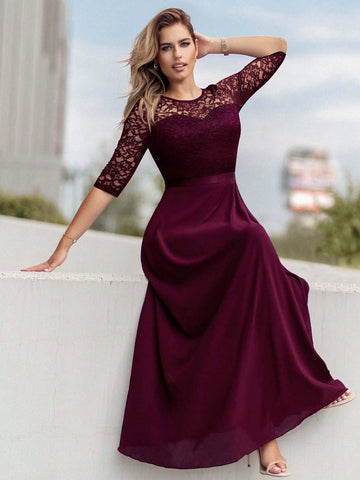 MIUSOL Lace Yoke Ruffle Trim Chiffon Formal Dress