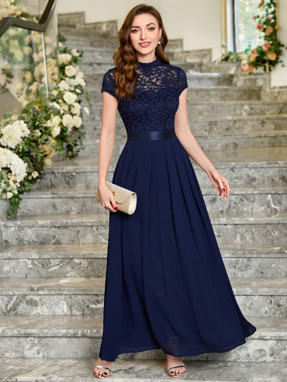 MIUSOL Mock Neck Lace Bodice Chiffon Evening Party Maxi Formal Dress