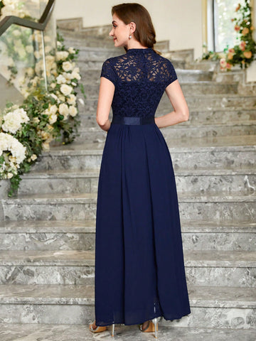 MIUSOL Mock Neck Lace Bodice Chiffon Evening Party Maxi Formal Dress