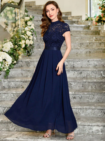 MIUSOL Mock Neck Lace Bodice Chiffon Evening Party Maxi Formal Dress