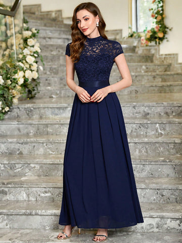 MIUSOL Mock Neck Lace Bodice Chiffon Evening Party Maxi Formal Dress