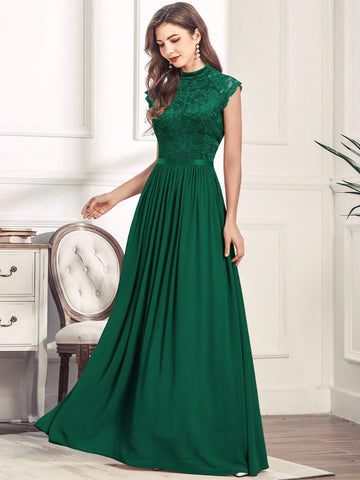 MIUSOL Mock Neck Lace Bodice Zip Back Formal Dress