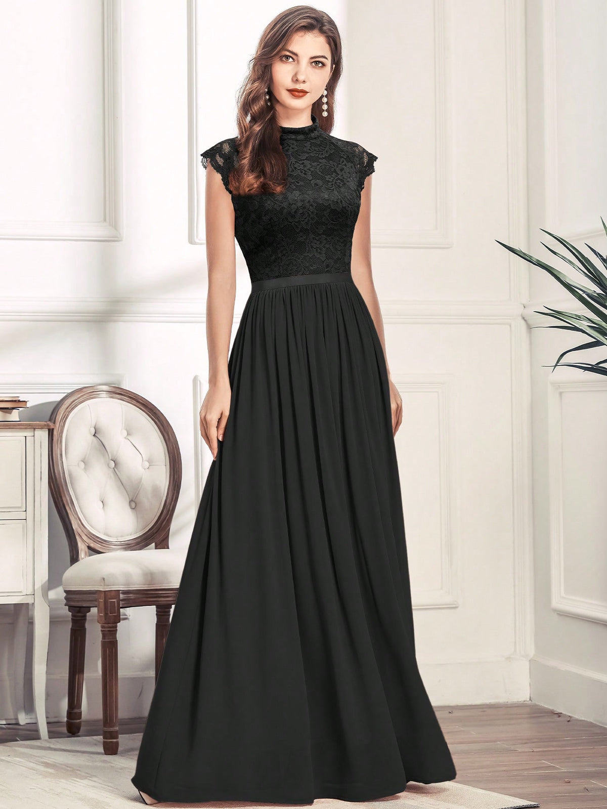 MIUSOL Mock Neck Lace Bodice Zip Back Prom Dress