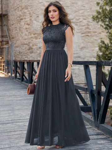 MIUSOL Mock Neck Lace Bodice Zip Back Prom Dress