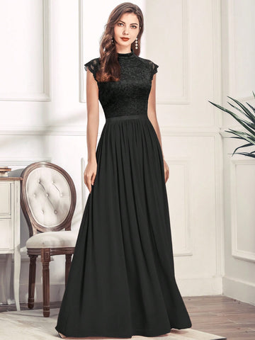 MIUSOL Mock Neck Lace Bodice Zip Back Prom Dress