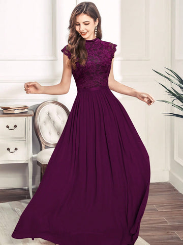 MIUSOL Mock Neck Lace Bodice Zip Back Prom Dress