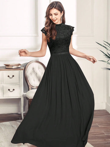 MIUSOL Mock Neck Lace Bodice Zip Back Prom Dress