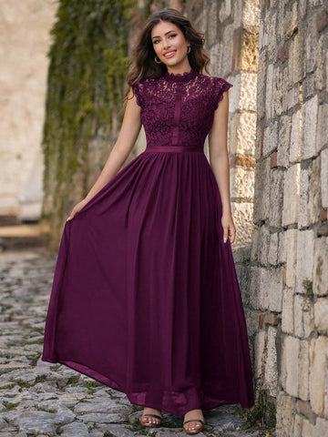 MIUSOL Ribbon Detail Contrast Lace Bodice Chiffon Formal Maxi Dress