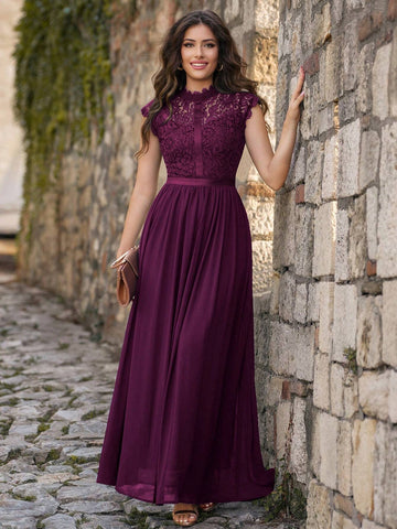 MIUSOL Ribbon Detail Contrast Lace Bodice Chiffon Formal Maxi Dress
