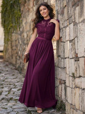 MIUSOL Ribbon Detail Contrast Lace Bodice Chiffon Formal Maxi Dress