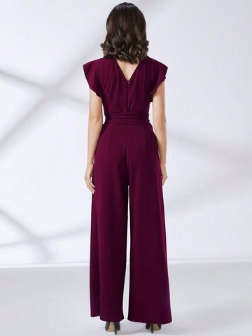 MIUSOL Ruffle Trim Belted Wide Leg Jumpsuit