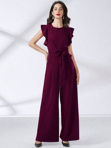 MIUSOL Ruffle Trim Belted Wide Leg Jumpsuit