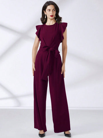 MIUSOL Ruffle Trim Belted Wide Leg Jumpsuit