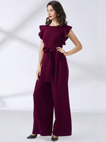 MIUSOL Ruffle Trim Belted Wide Leg Jumpsuit