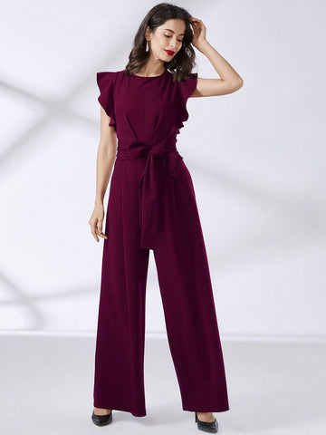 MIUSOL Ruffle Trim Belted Wide Leg Jumpsuit