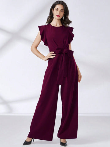 MIUSOL Ruffle Trim Belted Wide Leg Jumpsuit