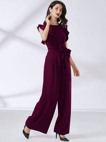 MIUSOL Ruffle Trim Belted Wide Leg Jumpsuit