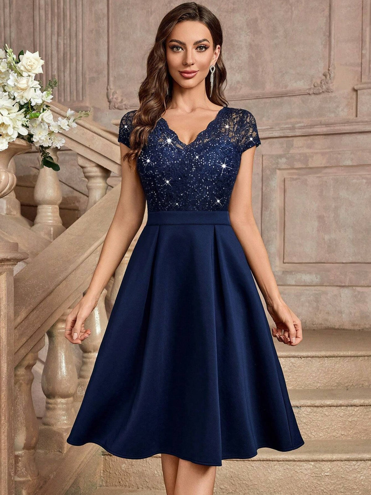 MIUSOL Sequin Floral Lace V-Neck Cap Sleeve Cocktail Party A-Line Dress