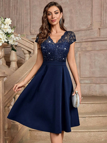 MIUSOL Sequin Floral Lace V-Neck Cap Sleeve Cocktail Party A-Line Dress