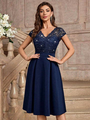 MIUSOL Sequin Floral Lace V-Neck Cap Sleeve Cocktail Party A-Line Dress