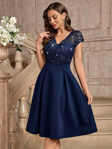 MIUSOL Sequin Floral Lace V-Neck Cap Sleeve Cocktail Party A-Line Dress