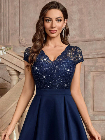 MIUSOL Sequin Floral Lace V-Neck Cap Sleeve Cocktail Party A-Line Dress