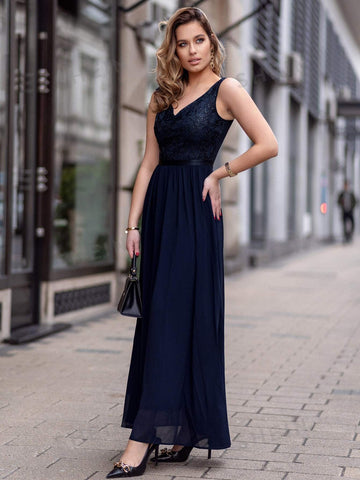 MIUSOL Sequin Insert Contrast Lace Maxi Formal Dress
