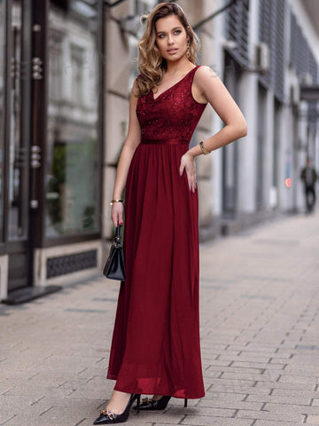 MIUSOL Sequin Insert Contrast Lace Maxi Formal Dress