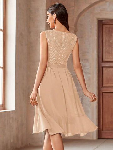 MIUSOL Sequin Insert Ruffle Trim Chiffon Cocktail Party Swing Dress