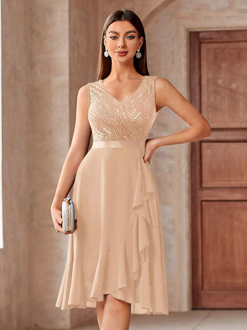 MIUSOL Sequin Insert Ruffle Trim Chiffon Cocktail Party Swing Dress