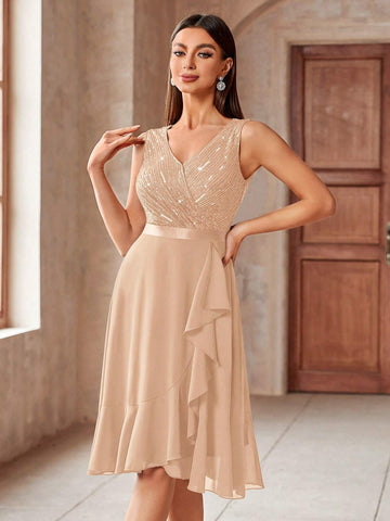MIUSOL Sequin Insert Ruffle Trim Chiffon Cocktail Party Swing Dress