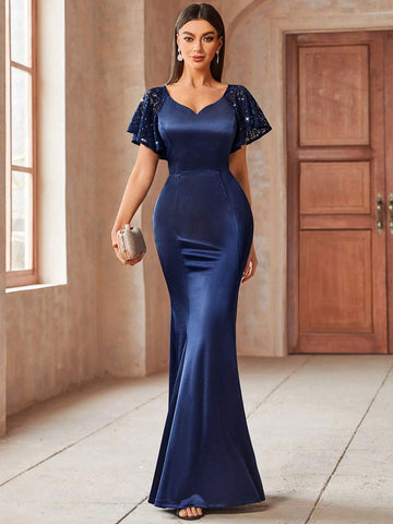 MIUSOL Sequin Lace Butterfly Sleeve Satin Sweetheart Neck Mermaid Hem Formal Party Dress