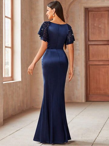 MIUSOL Sequin Lace Butterfly Sleeve Satin Sweetheart Neck Mermaid Hem Formal Party Dress