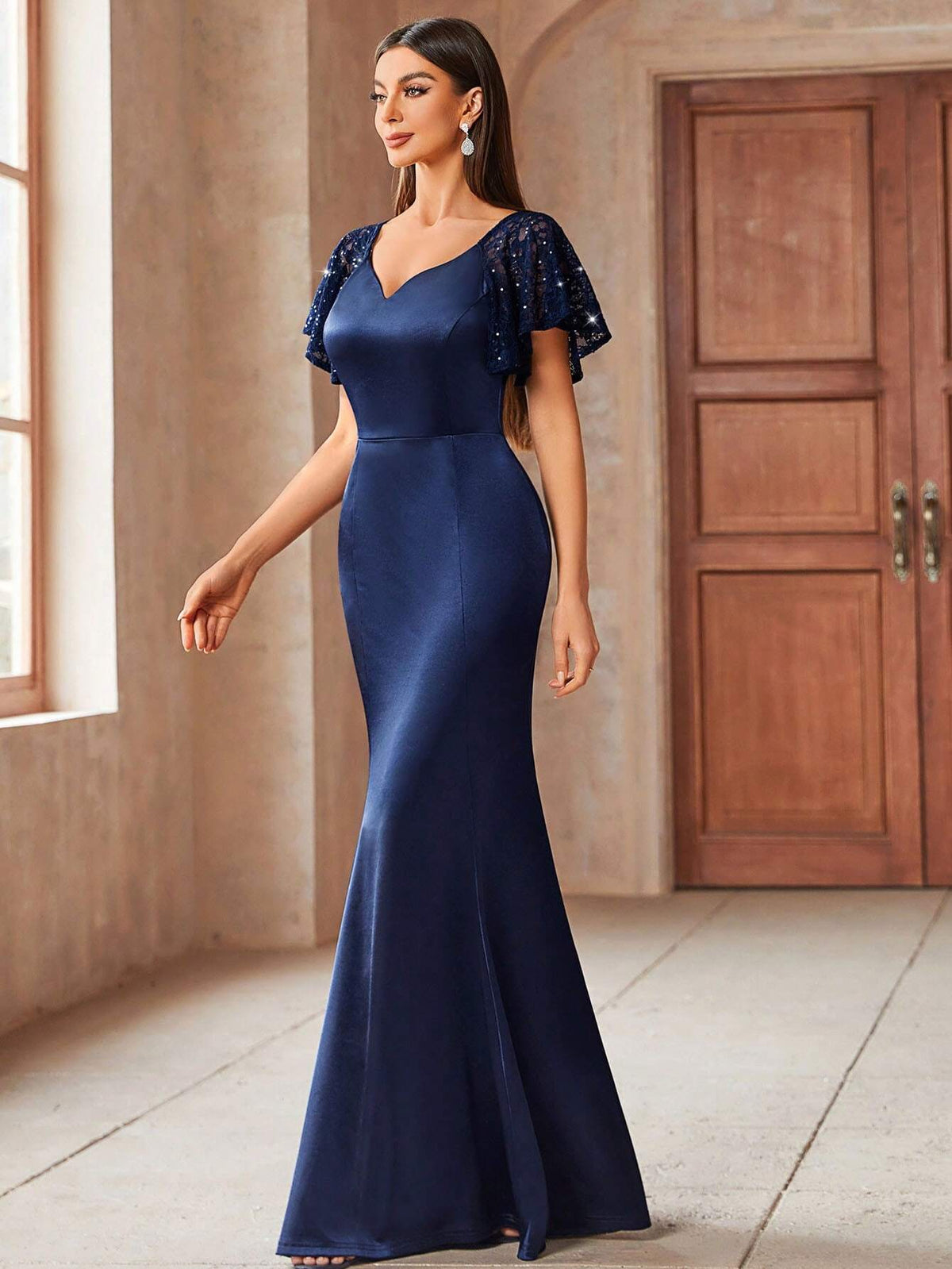 MIUSOL Sequin Lace Butterfly Sleeve Satin Sweetheart Neck Mermaid Hem Formal Party Dress