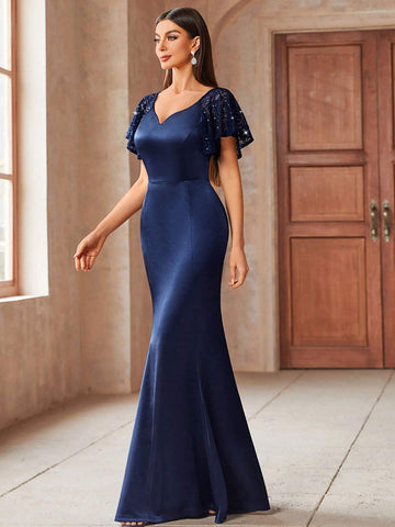 MIUSOL Sequin Lace Butterfly Sleeve Satin Sweetheart Neck Mermaid Hem Formal Party Dress