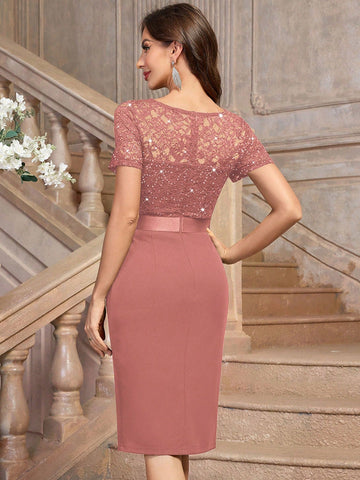 MIUSOL Sequin Lace V Neck Ruffle Trim Split Thigh Cocktail Party Bodycon Dress