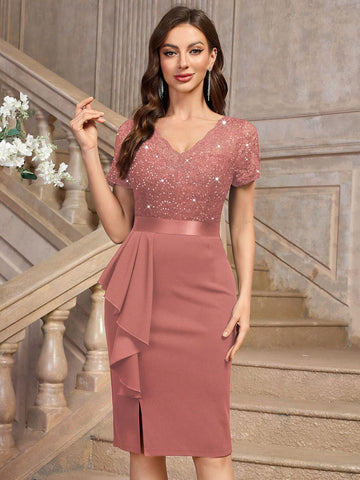 MIUSOL Sequin Lace V Neck Ruffle Trim Split Thigh Cocktail Party Bodycon Dress