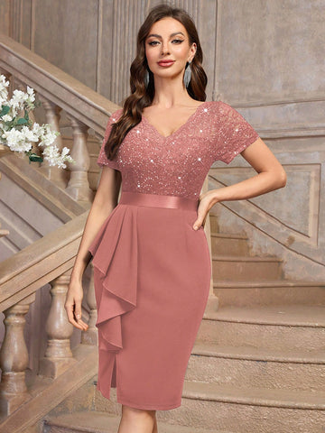 MIUSOL Sequin Lace V Neck Ruffle Trim Split Thigh Cocktail Party Bodycon Dress