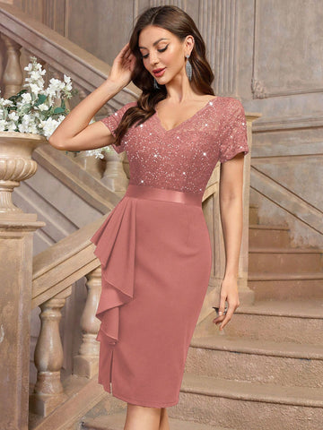 MIUSOL Sequin Lace V Neck Ruffle Trim Split Thigh Cocktail Party Bodycon Dress