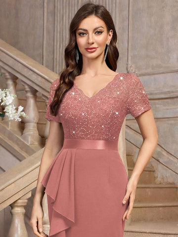 MIUSOL Sequin Lace V Neck Ruffle Trim Split Thigh Cocktail Party Bodycon Dress