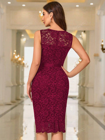 MIUSOL Solid Floral Lace Bodice Cocktail Party Fitted Dress